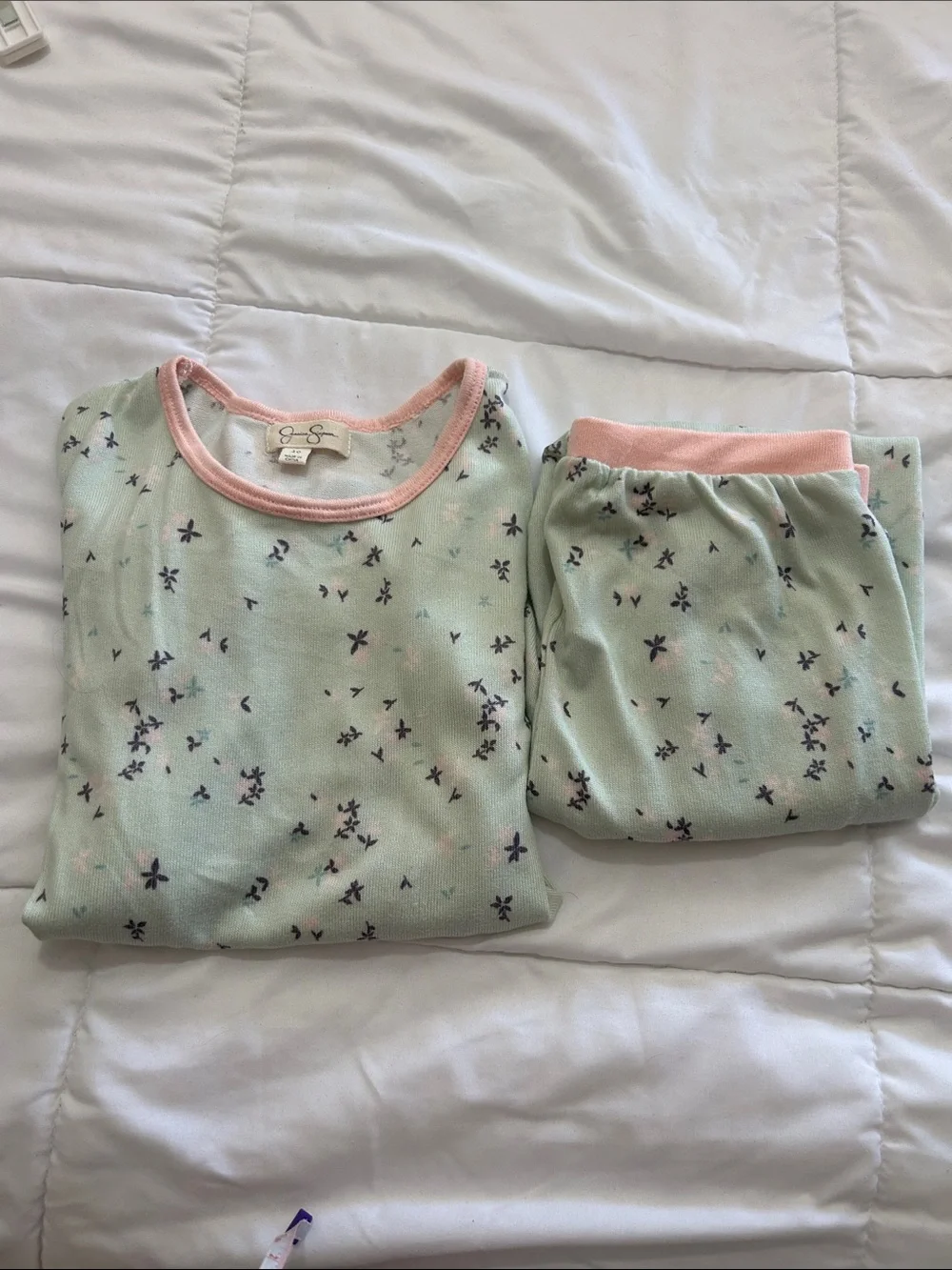 Girls Mint Floral Pajama Set with Pink Trim